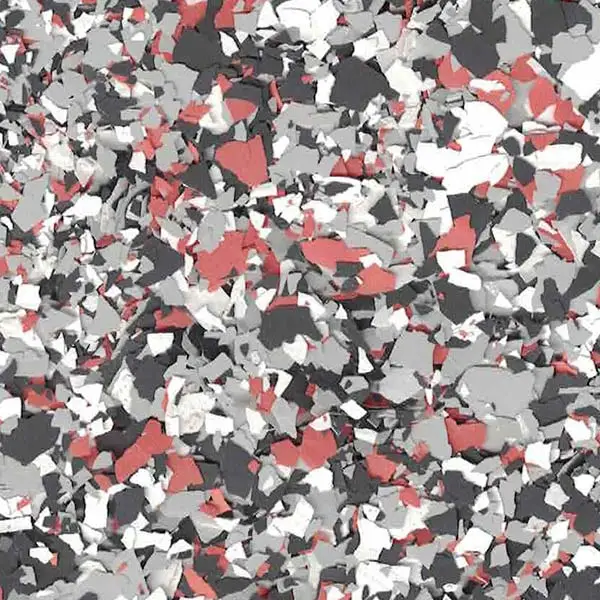 Abstract image featuring a random pattern of red, gray, white, and black fragments. The scattered pieces create a textured, mosaic-like effect.
